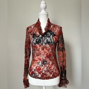 SIMON CHANG Y2K Red Floral Cheetah Print Lace Ruffle Long Sleeve Size S